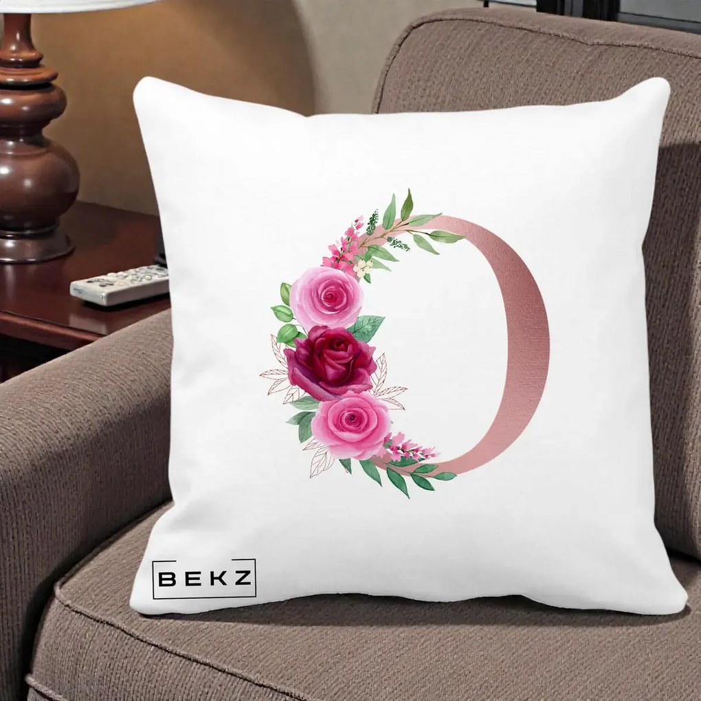 Cadou Personalizat - Perna Personalizata Monograma Rose Gold Litera O, 40x40 cm, Alba Mata, Husa Detasabila, Perna Inclusa, BEKZ®