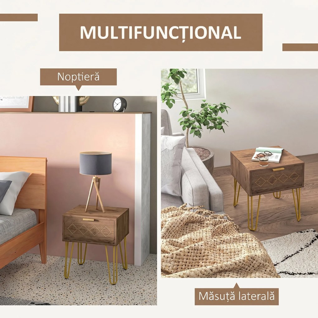 HOMCOM Noptiere Moderne Set 2 Bucati din PAL si Otel cu Sertar, 39.5x41x49 cm, Maro | Aosom Romania