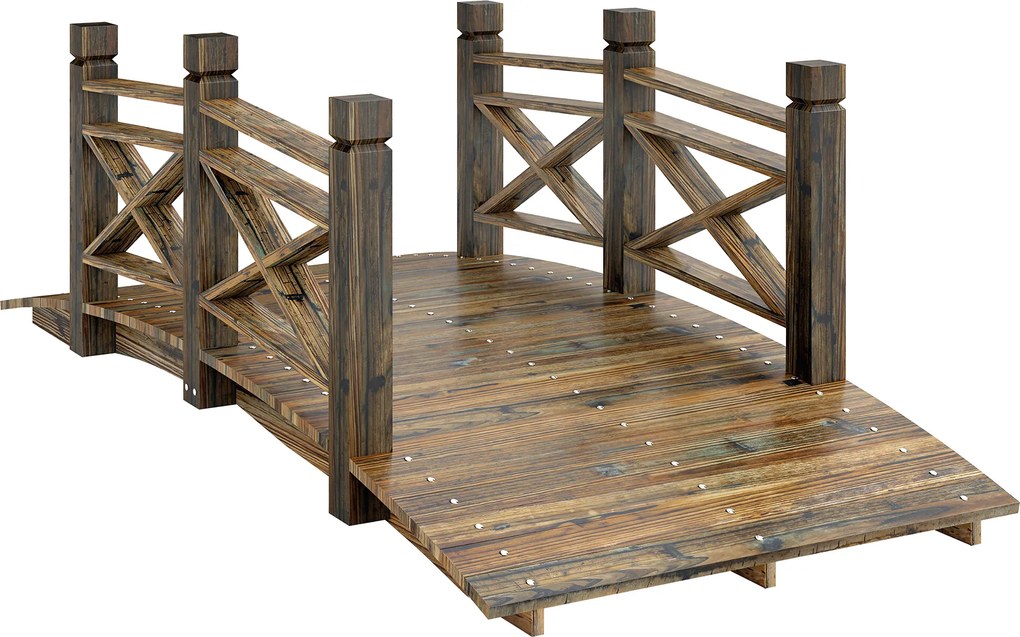 Outsunny Pod din lemn cu balustradă Pod de grădină din lemn de brad Pod pentru iaz cu aspect antic, circulabil 174 x 78 x 57,5 cm Carbonizat | Aosom Romania