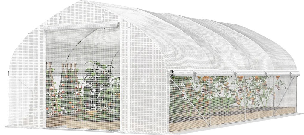 Outsunny Seră tip tunel 6x3x2 m cu Anti-UV și Ușă rulou cu fermoar Pereți laterali cu plasă Alb | Aosom Romania