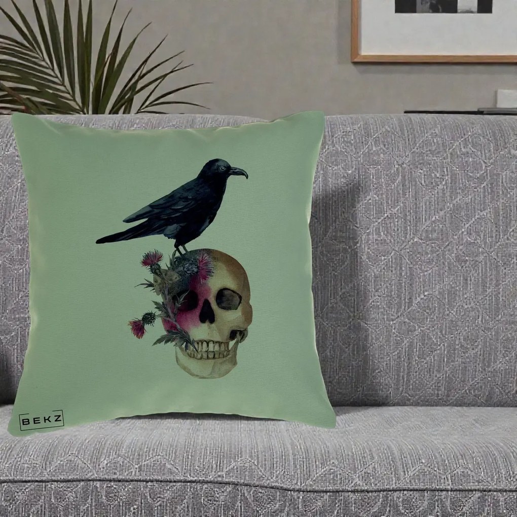 Perna Decorativa Craniu cu Corb si Flori Gothic, 40x40 cm, Verde, Husa Detasabila, Perna Inclusa, BEKZ®