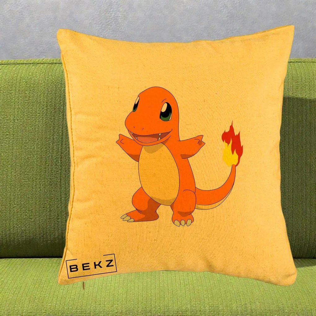 Perna Personalizata Charmander Pokemon, 40x40 cm, Galben, Husa Detasabila, Perna Inclusa, BEKZ®
