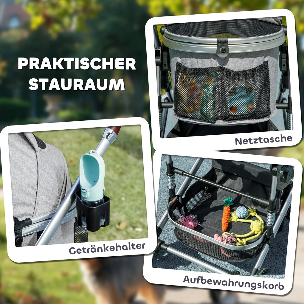 PawHut Hundewagen 3 în 1 Hundebuggy pliabil pentru pisici până la 10 kg Katzenbuggy cu pernă, suport pentru băuturi Gri deschis | Aosom Romania
