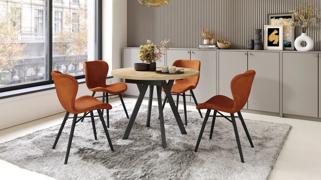 Mazzoni ALMO Stejar Craft Auriu/picioare negre - MASĂ ROTUNDĂ EXTENSIBILĂ CU PICIOARE ÎN FORMĂ DE Y STIL LOFT PENTRU SALON/SUFRAGERIE