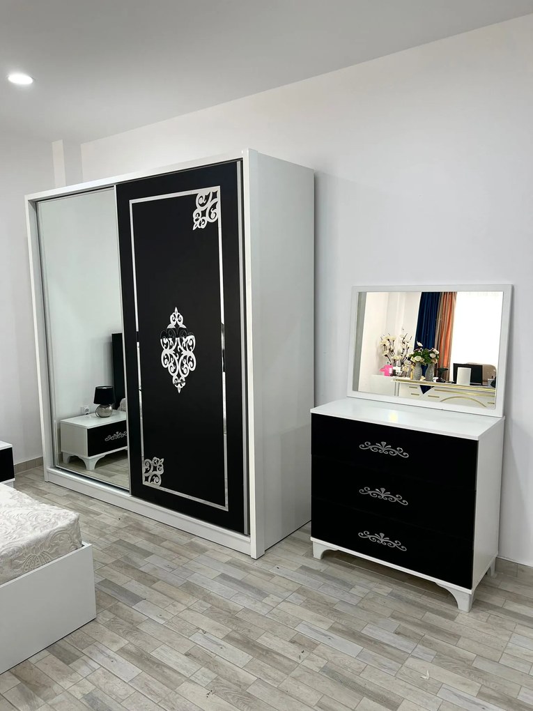Dormitor Milano, culoare alb / negru, cu pat tapitat 160 x 200 cm, dulap cu 2 usi, comoda cu oglinda, 2 noptiere