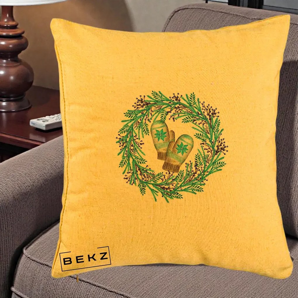 Perna Decorativa Coroana Turcoaz cu Manusi, 40x40 cm, Galben, Husa Detasabila, Perna Inclusa, BEKZ®
