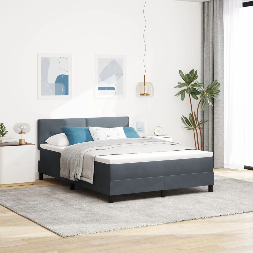 vidaXL Pat box spring cu saltea, gri închis, 140x200 cm, catifea