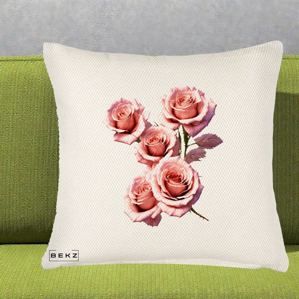 Perna Decorativa Trandafiri Roz Pastel Acuarela, 40x40 cm, Crem Reliefat, Husa Detasabila, Perna Inclusa, BEKZ®