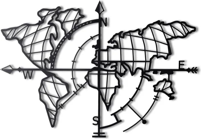 Accesoriu de perete metalic Led busola harta lumii - negru