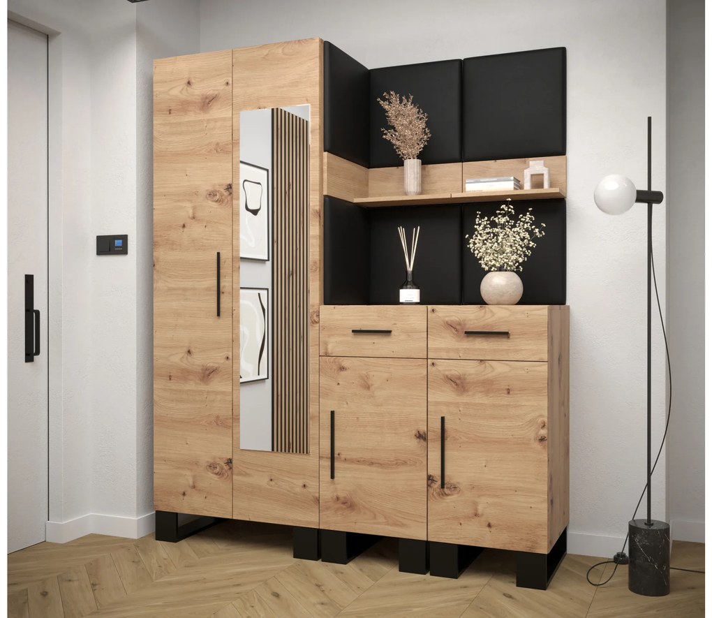 Set mobilier pentru hol Amanda 15 (Stejar artisan + piele ecologică Negru). 1085991