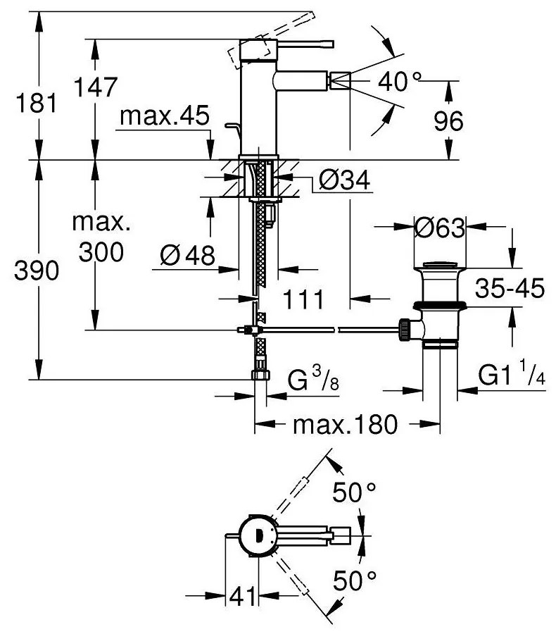 Baterie bideu Grohe Essence, marimea S, ventil inclus, antracit periat Hard Graphite Antracit periat