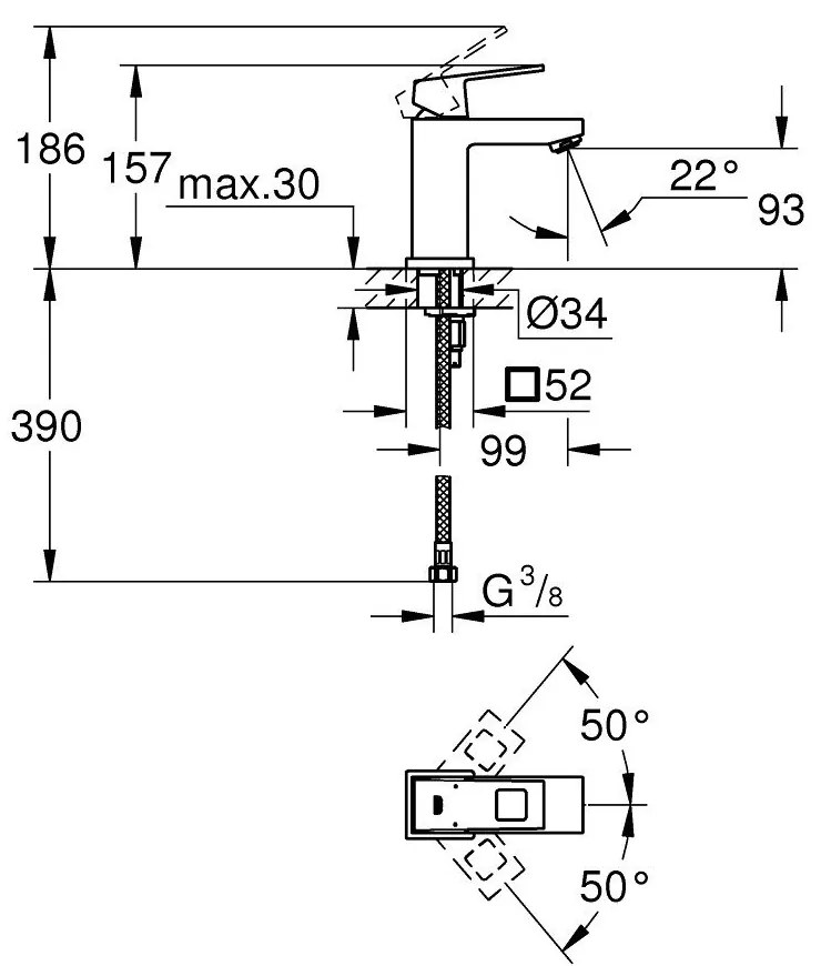 Baterie lavoar Grohe Eurocube, cu limitator debit, marime S