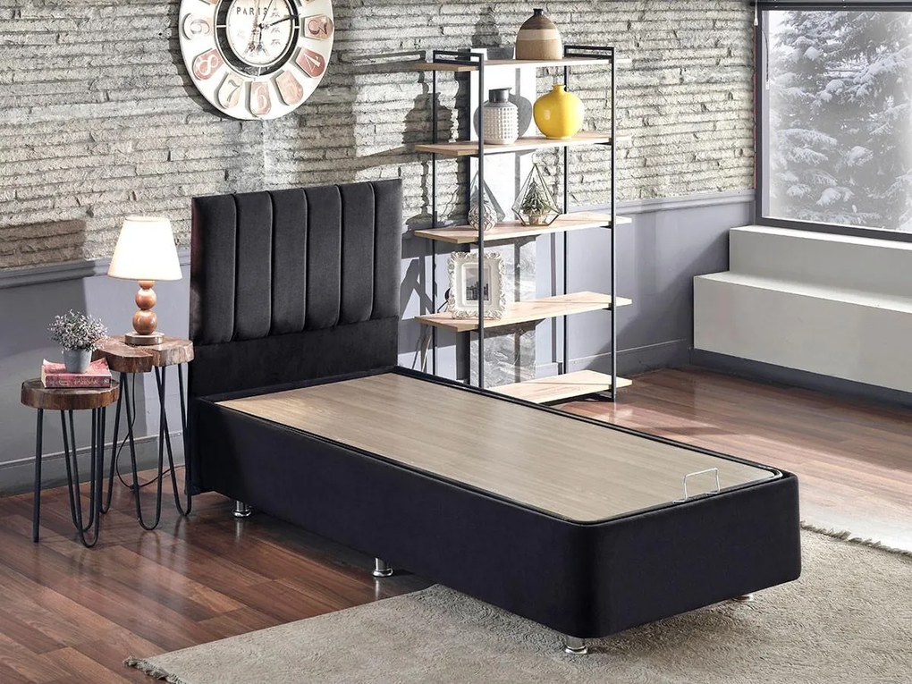 Pat de o persoană s čalúneným čelom 100 cm Kemadi (negru) (cu somieră) (cu sp. depozitare). Promo -20%. 1094817