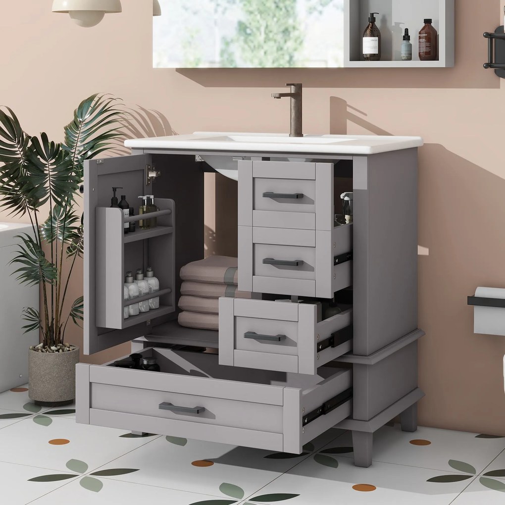 Dulap de baie pe podea cu chiuvetă, spațiu de depozitare variat, 76x46x83,5 cm, Gri