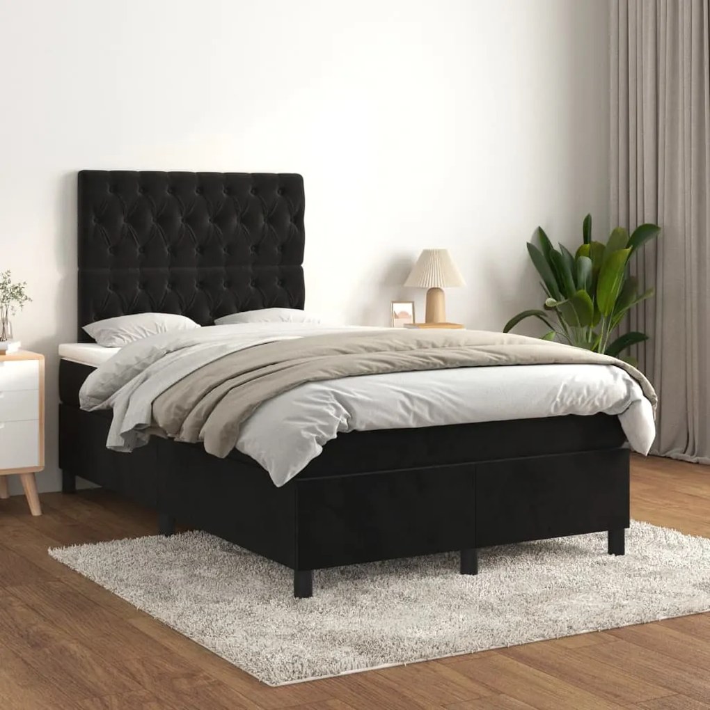 Pat box spring cu saltea, negru, 120x200 cm, catifea Negru, 120 x 200 cm, Design cu nasturi