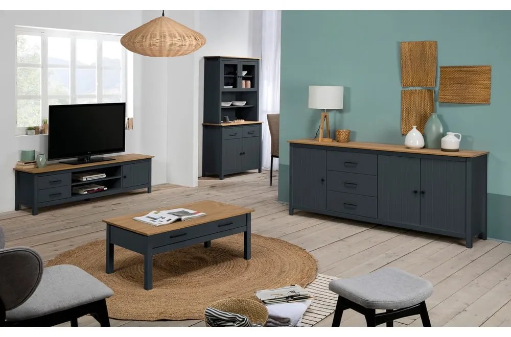 Vitrină albastru-închis din lemn masiv de pin 90x180 cm Miranda – Marckeric