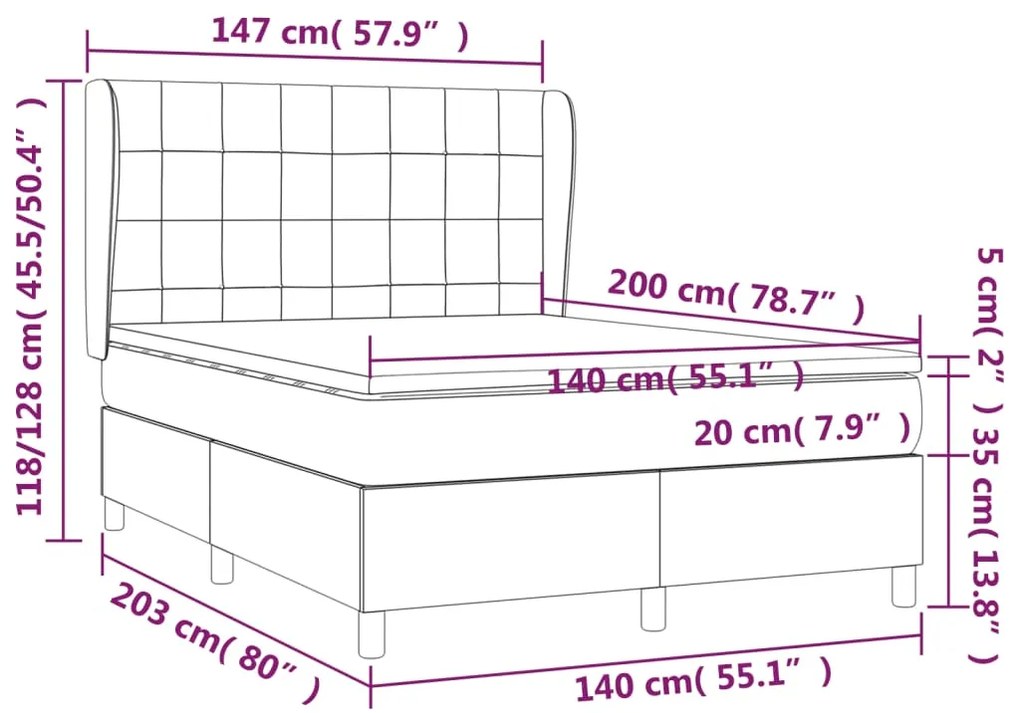 Pat box spring cu saltea, roz, 140x200 cm, catifea Roz, 140 x 200 cm, Cu blocuri patrate