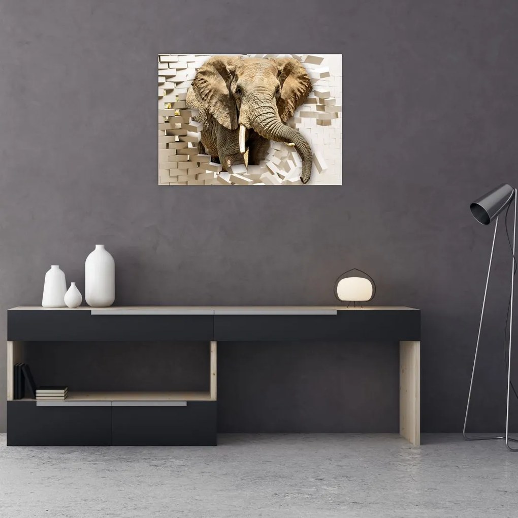 Tablou pe sticlă - Elefant spârgând peretele (70x50 cm)
