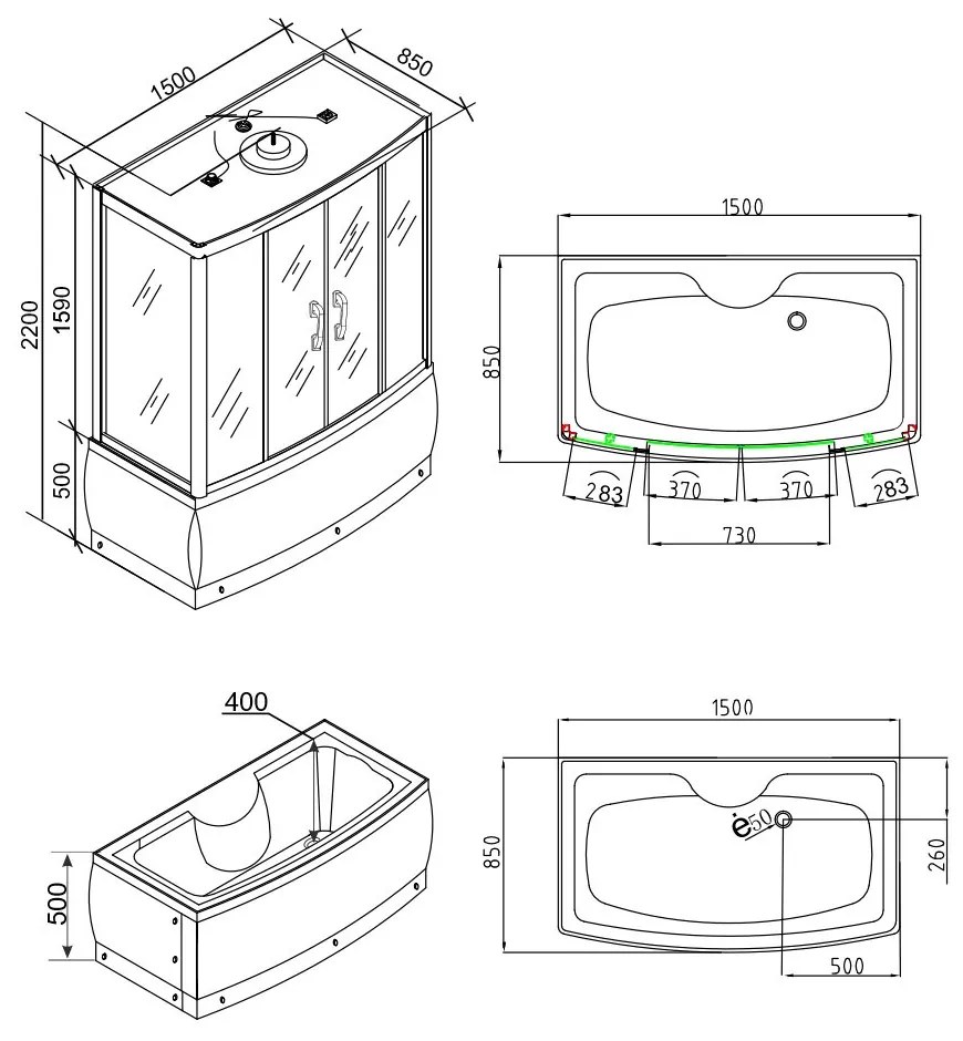 Cadă de baie cu hidromasaj Emilia 150 cu electronică, neagră