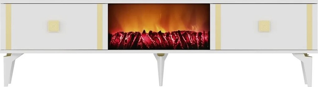 Comoda TV, Hanah Home, Doruk Fireplace, 150x44.6x29.6 cm, Alb/Auriu