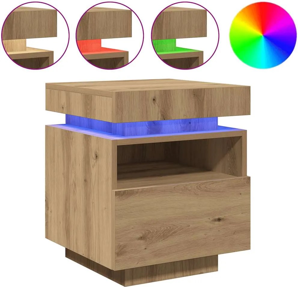 vidaXL Noptieră cu lumini LED, stejar artizanal, 40x39x48,5 cm