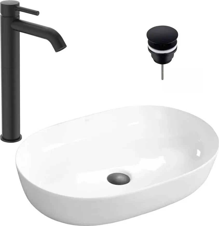 Pachet lavoar pe blat Rea Cleo alb 61 cm, baterie lavoar Ideal Standard Ceraline negru si ventil lavoar Click-Clack D negru