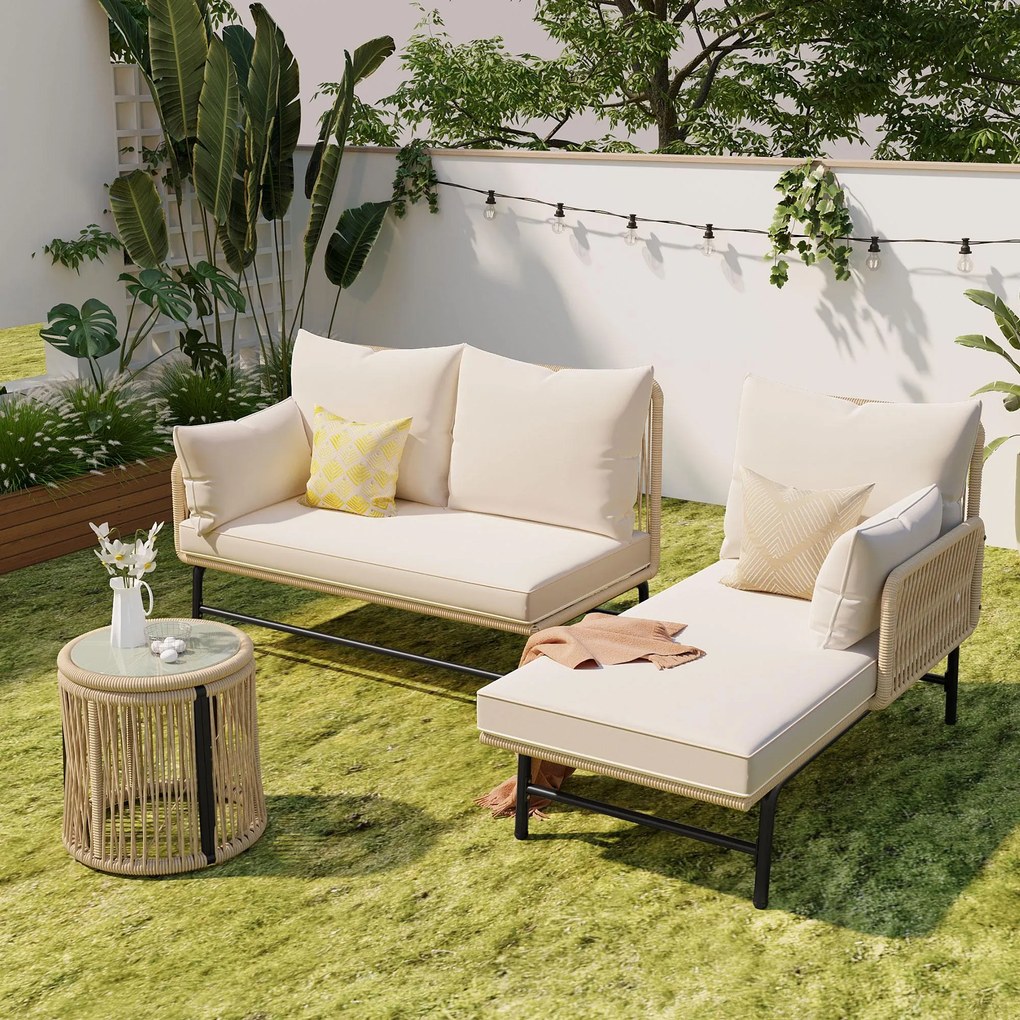 Set de mobilier de grădină cu cadru din fier, acoperit cu frânghie împletită manual și design în formă de L, Bej