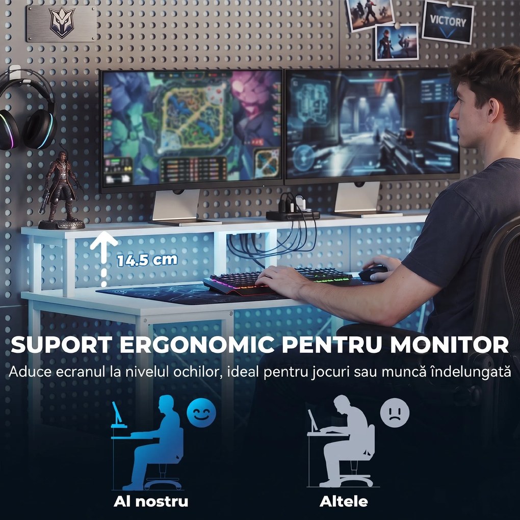 HOMCOM Birou pentru Computer Reversibil cu Rafturi, 120x50 cm, cu Prize și Lumini LED, Alb cu Efect de Lemn | Aosom Romania