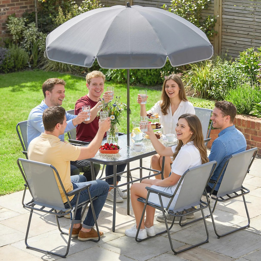 Outsunny Set de Masă de Grădină 8 Piese cu Umbrelă, Set Mobilier Grădină cu 6 Scaune Pliabile, Masă din Sticlă Temperată și Umbrelă pentru Terasă, Gri | Aosom Romania