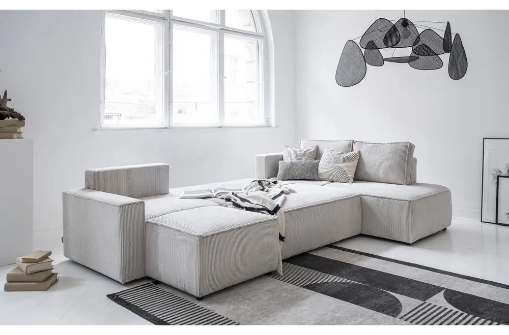 Colțar alb extensibil cu tapițerie din catifea reiată (cu colț pe partea dreaptă/în formă de "U") Brave Dave – Miuform