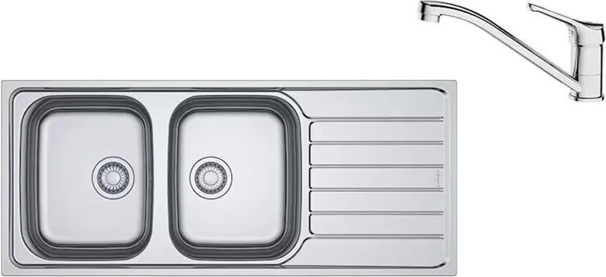 Set chiuveta bucatarie inox Franke Spark 116x50 cm cu 2 cuve si picurator dreapta finisaj lucios plus baterie crom