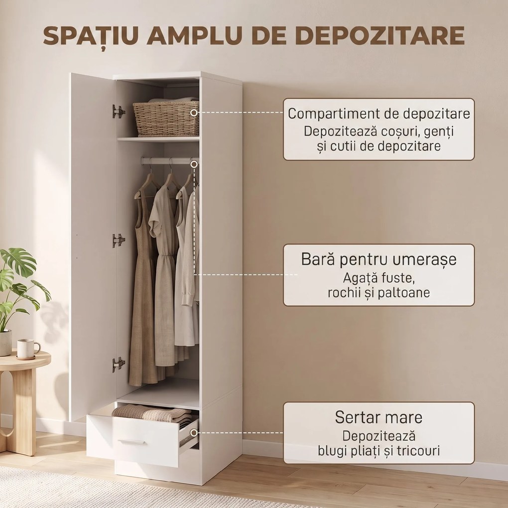 HOMCOM Dulap cu Bară pentru Haine și Sertar pentru Dormitor, Alb | Aosom Romania