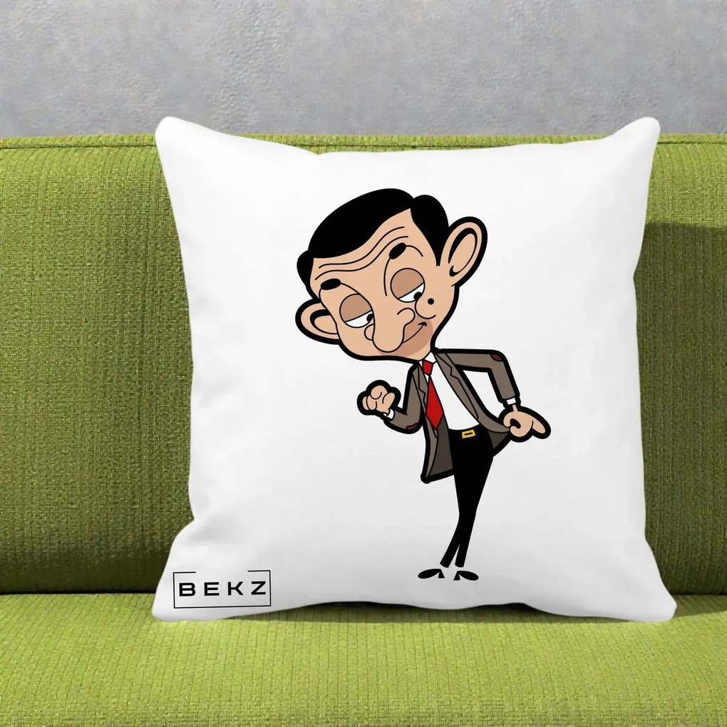 Perna Personalizata Mr. Bean Caricatura, 40x40 cm, Alba Mata, Husa Detasabila, Perna Inclusa, BEKZ®