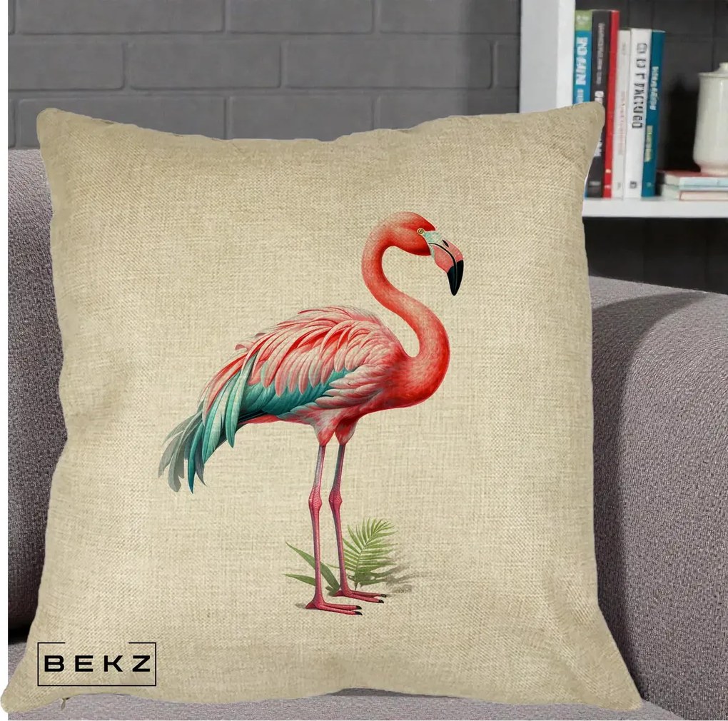 Perna Decorativa Flamingo Roz cu Pene Teal, 40x40 cm, Crem, Husa Detasabila, Perna Inclusa, BEKZ®