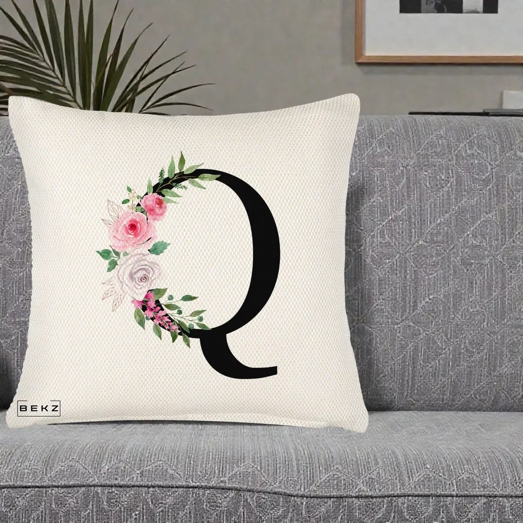 Cadou Personalizat - Perna Personalizata Monograma Florala Litera Q, 40x40 cm, Crem Reliefat, Husa Detasabila, Perna Inclusa, BEKZ®