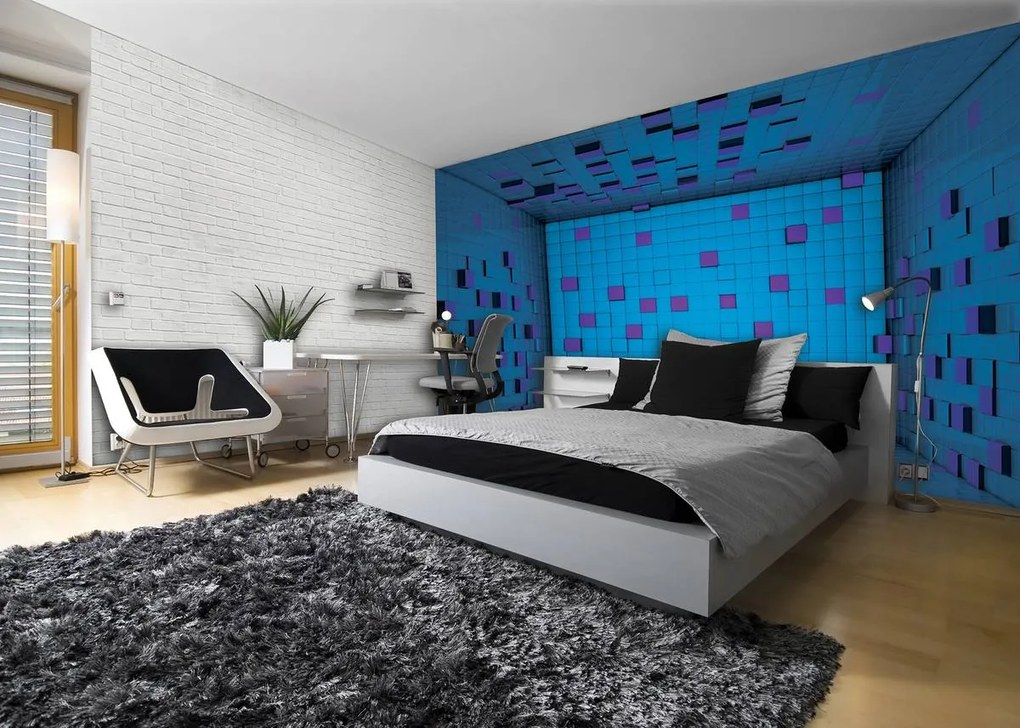 Fototapet - 3D încăpere din cuburi albastre (152,5x104 cm)