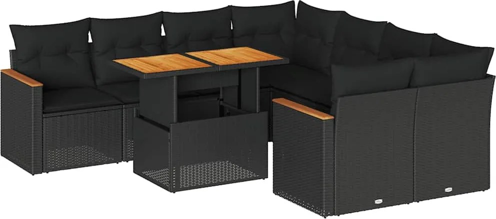 vidaXL Set mobilier grădină perne 9 piese negru poliratan/lemn acacia