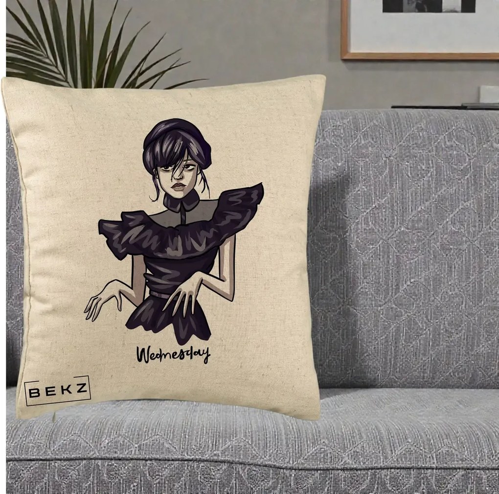 Perna Personalizata Wednesday Addams Dans Gotic, 40x40 cm, Bej, Husa Detasabila, Perna Inclusa, BEKZ®