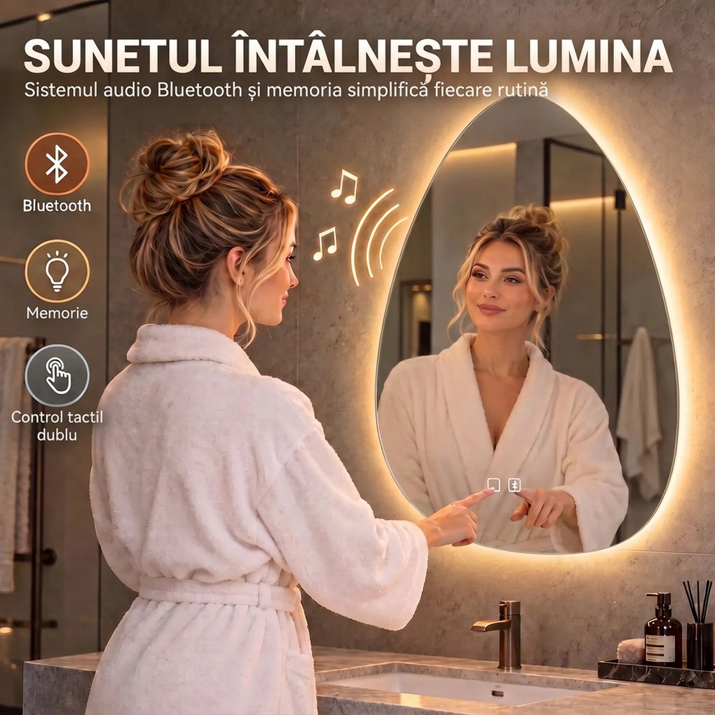 HOMCOM Oglindă de baie cu LED, 3 culori, 60x80 cm, neregulată, Bluetooth, antiaburire, touch | Aosom Romania