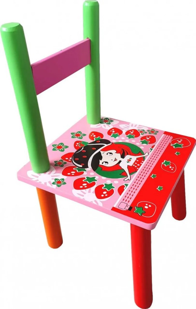 Masuta copii din MDF cu doua scaune Novokids™ My first table, dimensiuni 59X39X40, Suprafata lucioasa, Model Capsunica, Rosu cu Roz