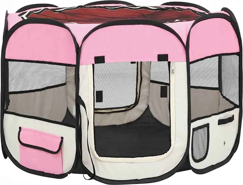 vidaXL Țarc joacă pliabil câini cu sac de transport roz 90x90x58 cm
