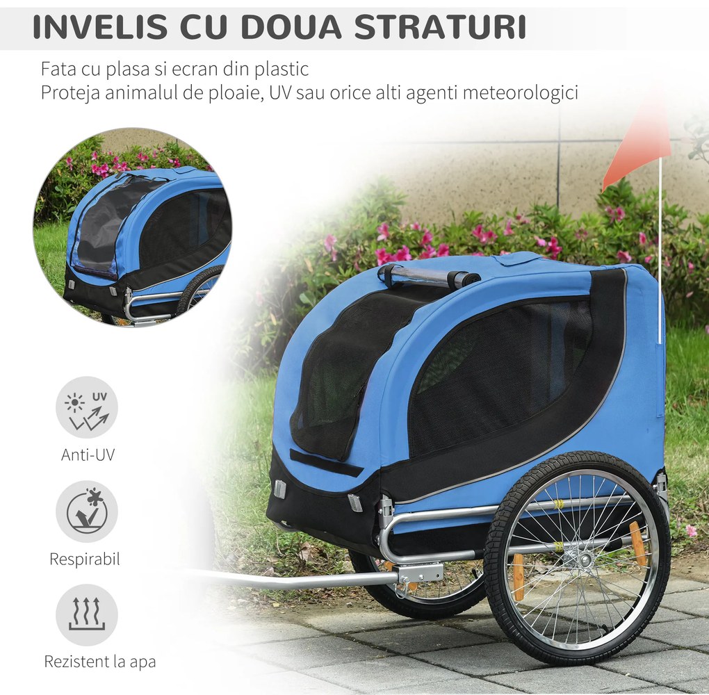 PawHut Remorcă de Bicicletă pentru Câini cu Punct de Atașare, Ferestre Laterale și Steguleț, 130x73x90 cm, Albastru | Aosom Romania