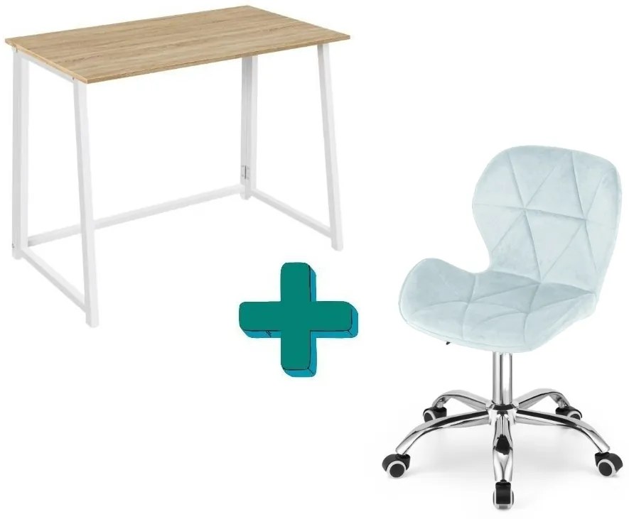 Set pentru birou – birou pliabil ZARIMO 80×40 cm alb + scaun de birou AVOLA VELVET albastru deschis