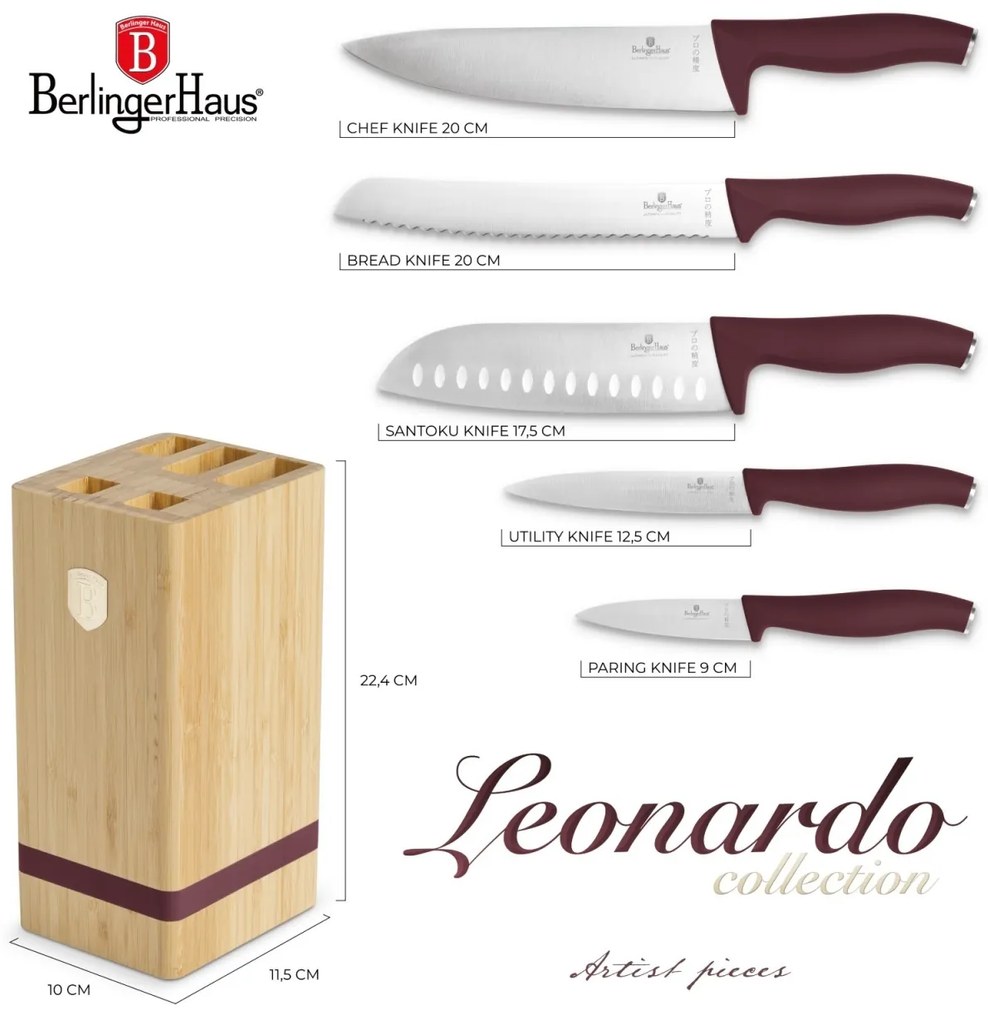 RESIGILAT - Set cutite 6 piese cu stativ Leonardo Berlinger Haus BH 2972, visiniu, suport lemn