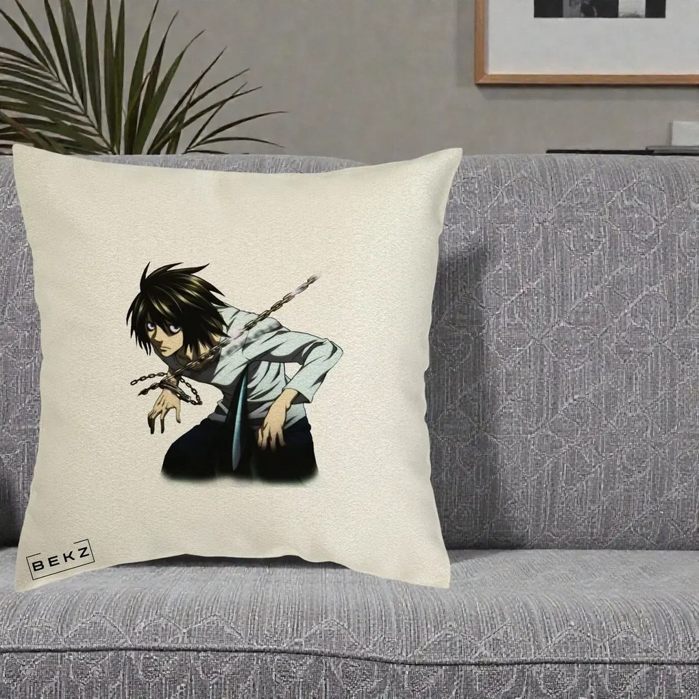 Perna Personalizata Death Note L Lawliet Lanturi, 40x40 cm, Ecru, Husa Detasabila, Perna Inclusa, BEKZ®