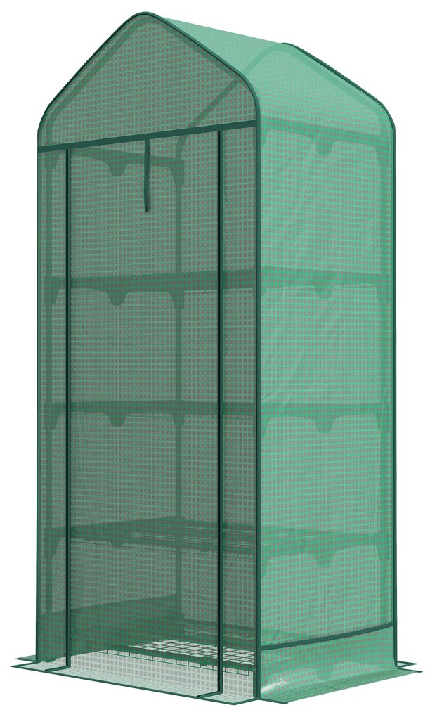 Outsunny Seră de Grădină în 4 Niveluri cu Ușă Rulantă, Seră Mica din Metal & PE, 69x49x158 cm, Verde Închis