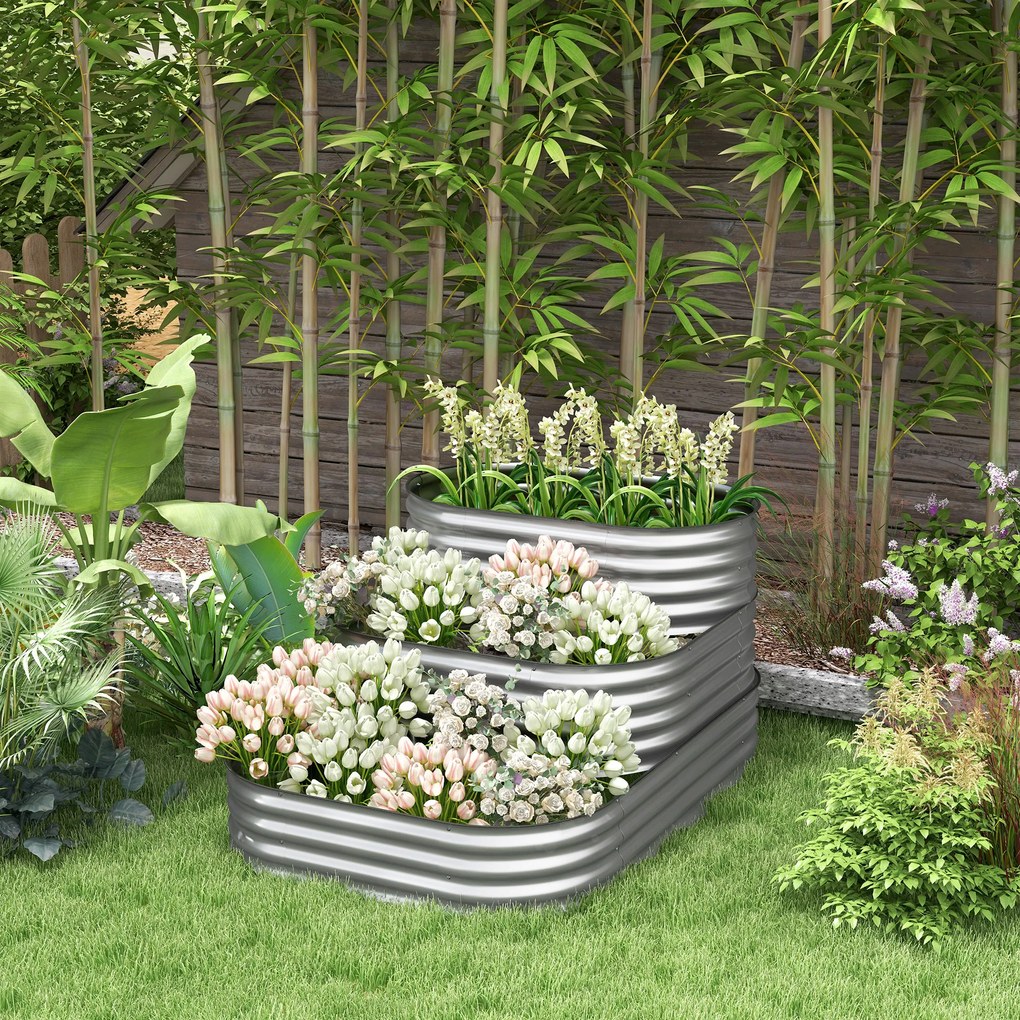 Outsunny Pat înalt cu trepte în aer liber, Cutie de plante pentru flori, 3 trepte, 158 cm x 109 cm x 82 cm, Argintiu | Aosom Romania