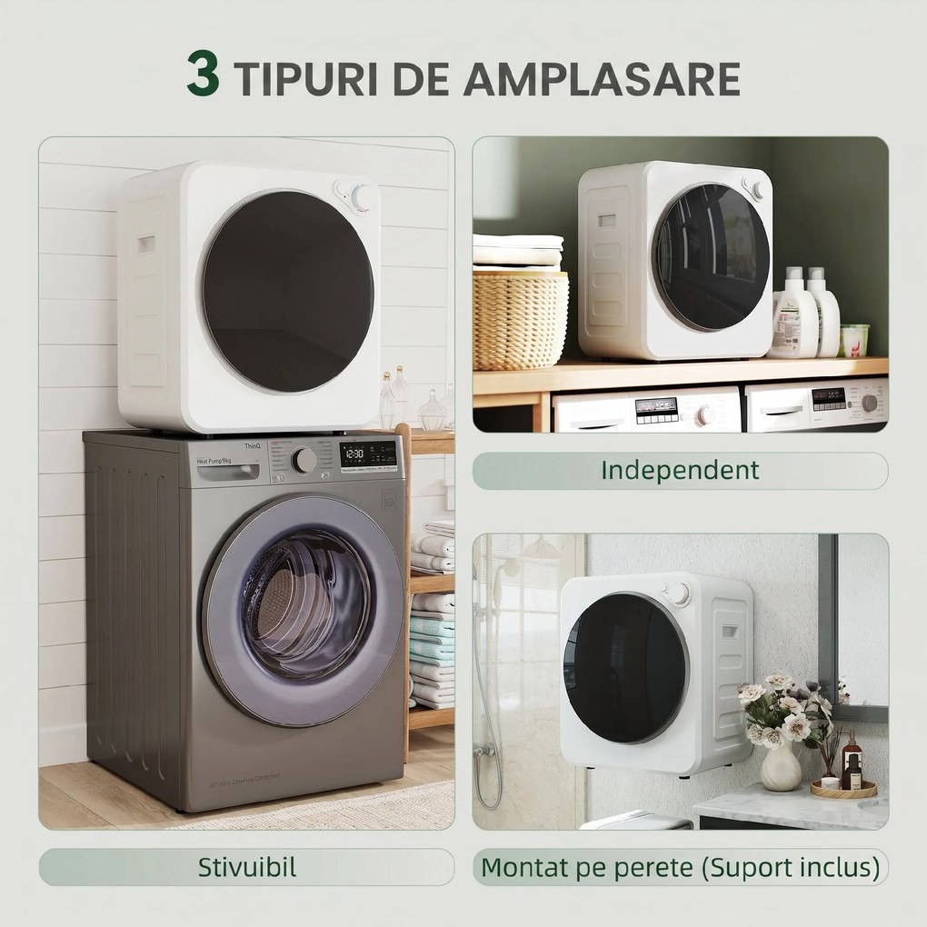 HOMCOM Uscător portabil de rufe 4 kg, încărcare frontală, 2 trepte de putere 800 W/400 W, 240 V, compact pentru apartament, rulote și casă, alb | Aosom Romania