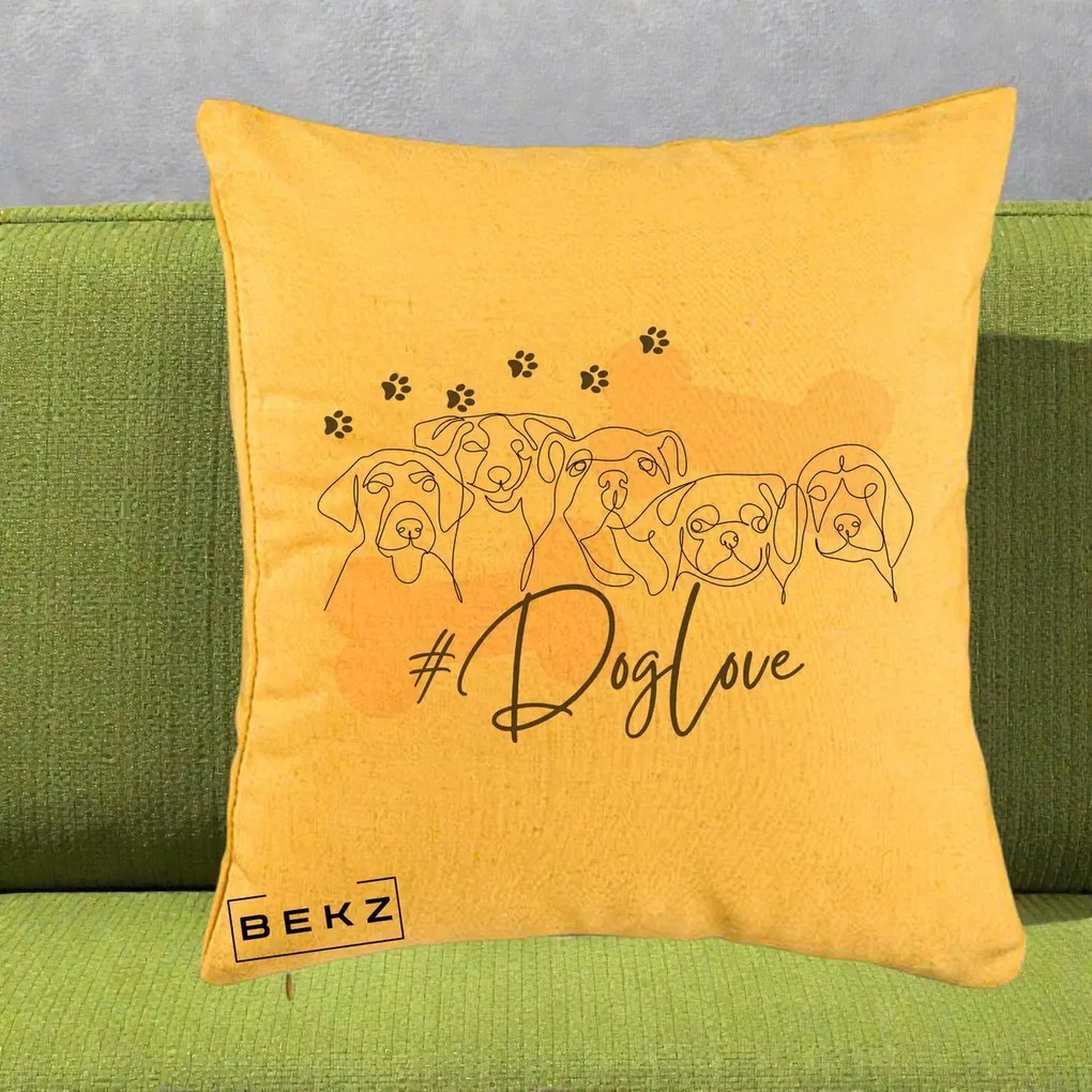Perna Personalizata Dog Love Linie Minimalista, 40x40 cm, Galben, Husa Detasabila, Perna Inclusa, BEKZ®