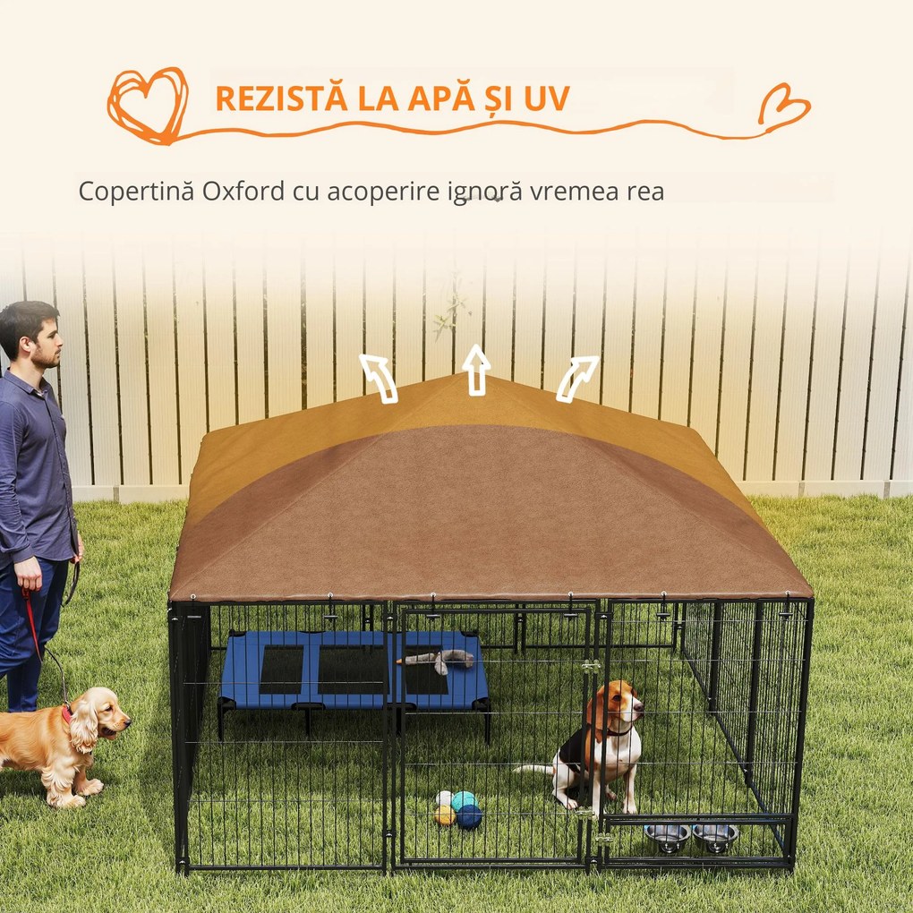 PawHut Tarc Câini din Metal cu Ușă pentru Bol, Padoc caine pentru Exterior cu Acoperiș  din țesătură Oxford, 211x211x151 cm, Negru | Aosom Romania